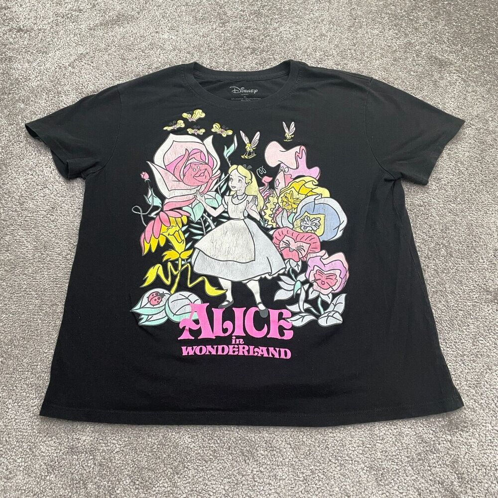 Disney Alice In Wonderland Graphic T-Shirt Womens XL Black Crew Neck Casual Tee